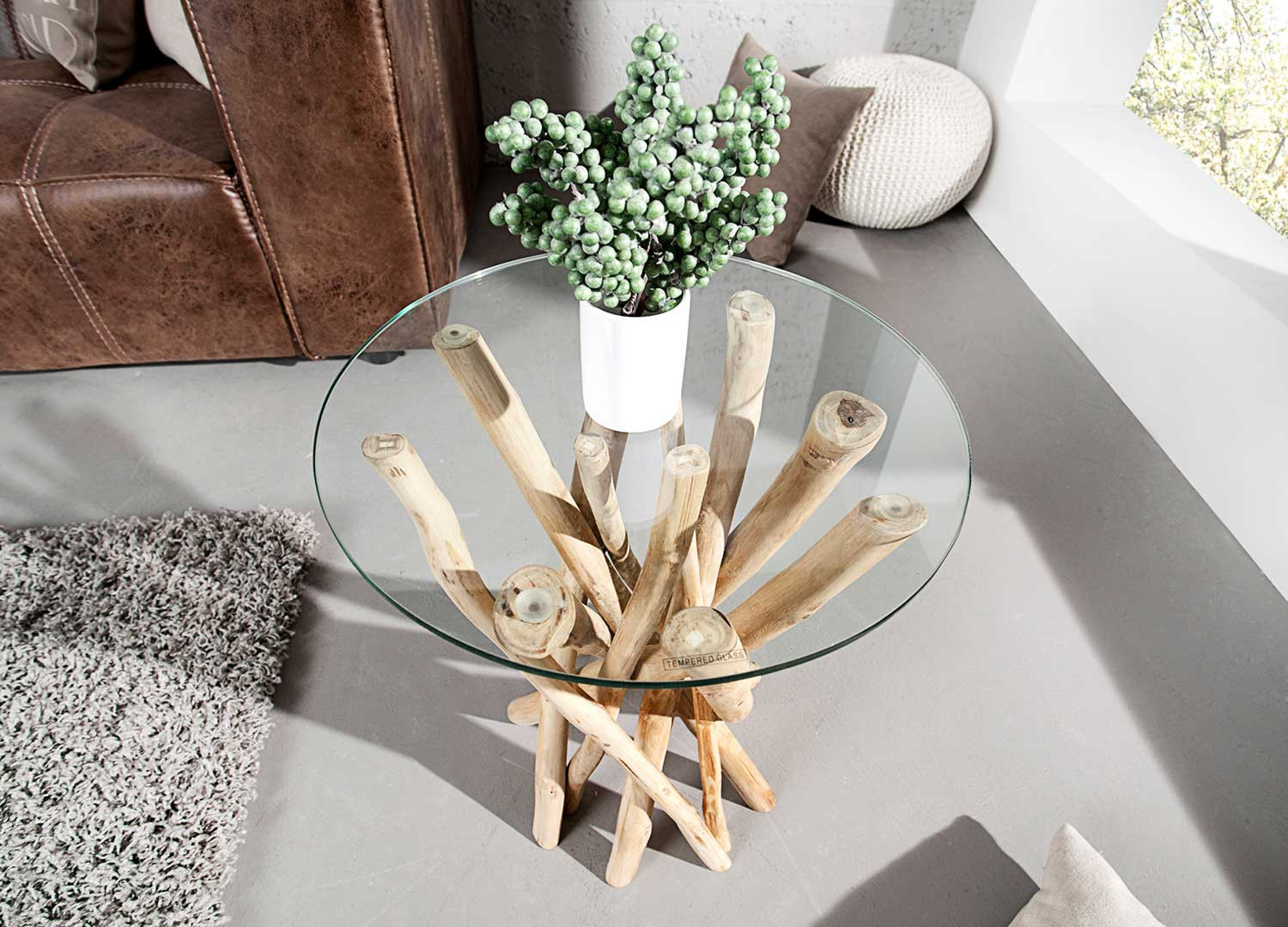 Table d'appoint ronde en verre et bois flotté
