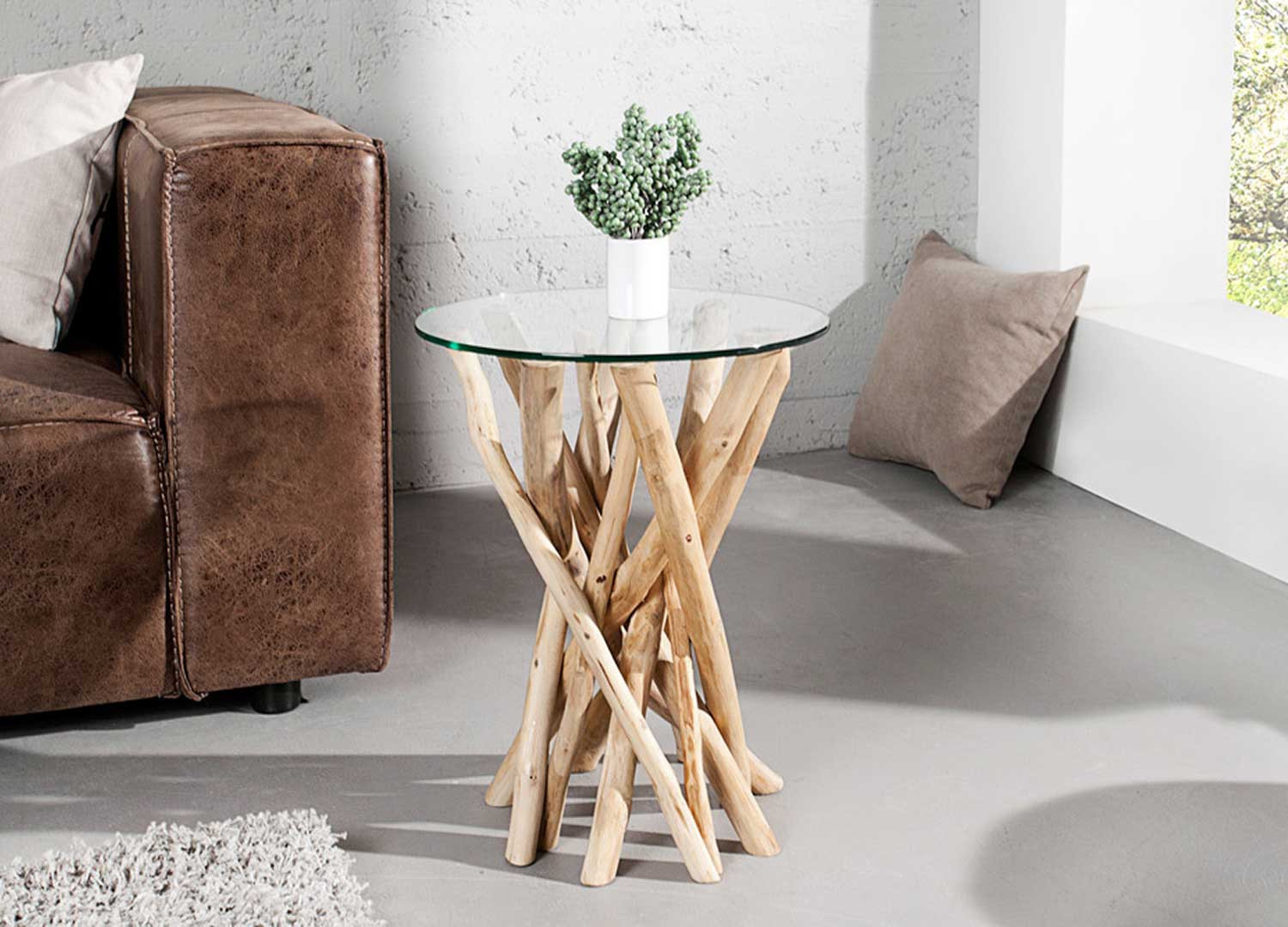 Table d'appoint ronde en verre et bois flotté