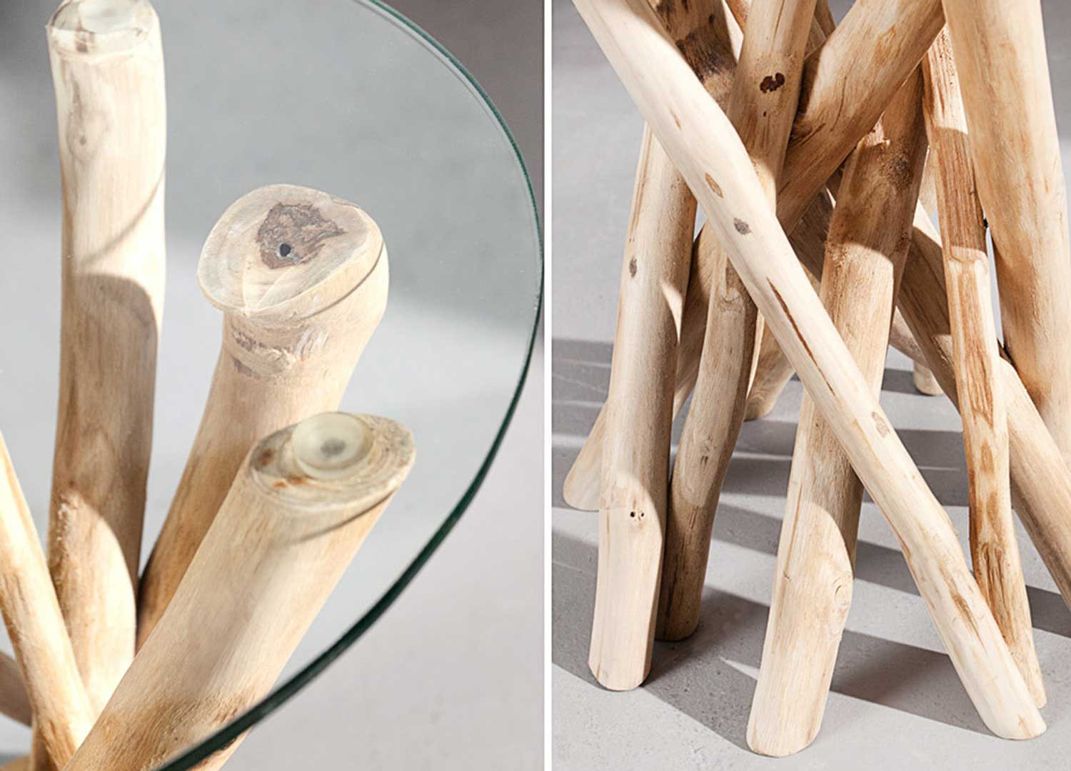 Table d'appoint ronde en verre et bois flotté