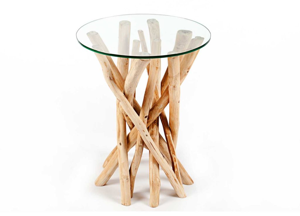 Table d'appoint ronde en verre et bois flotté
