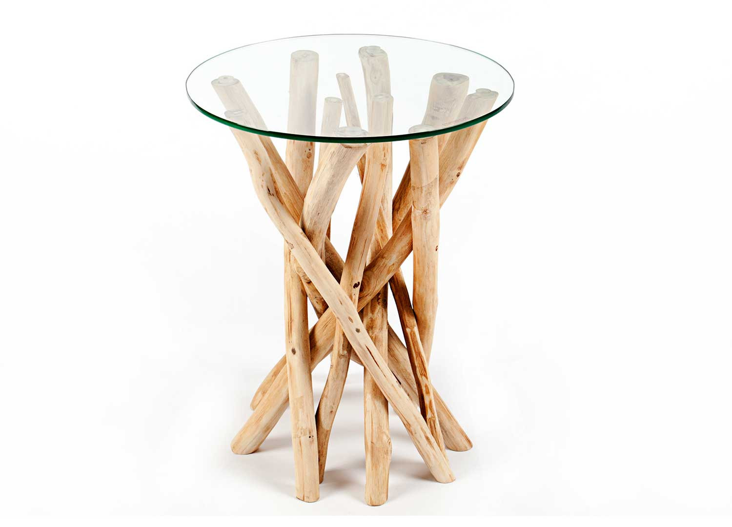 Table d'appoint ronde en verre et bois flotté
