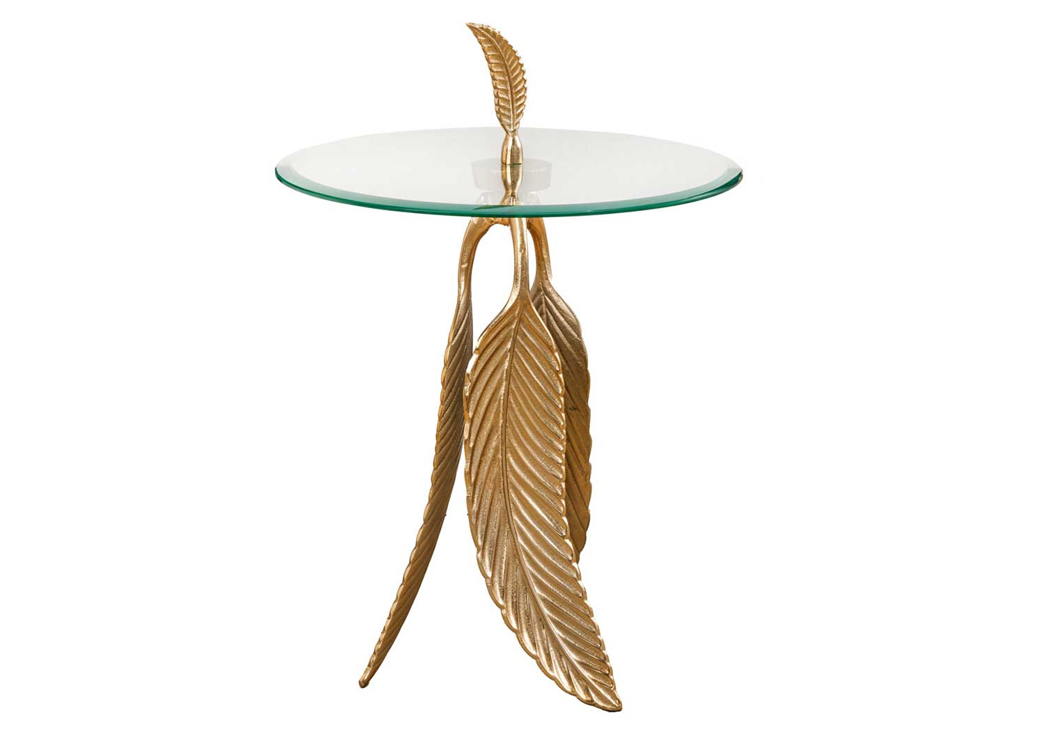 Table d'appoint ronde en verre et décor feuille en métal doré