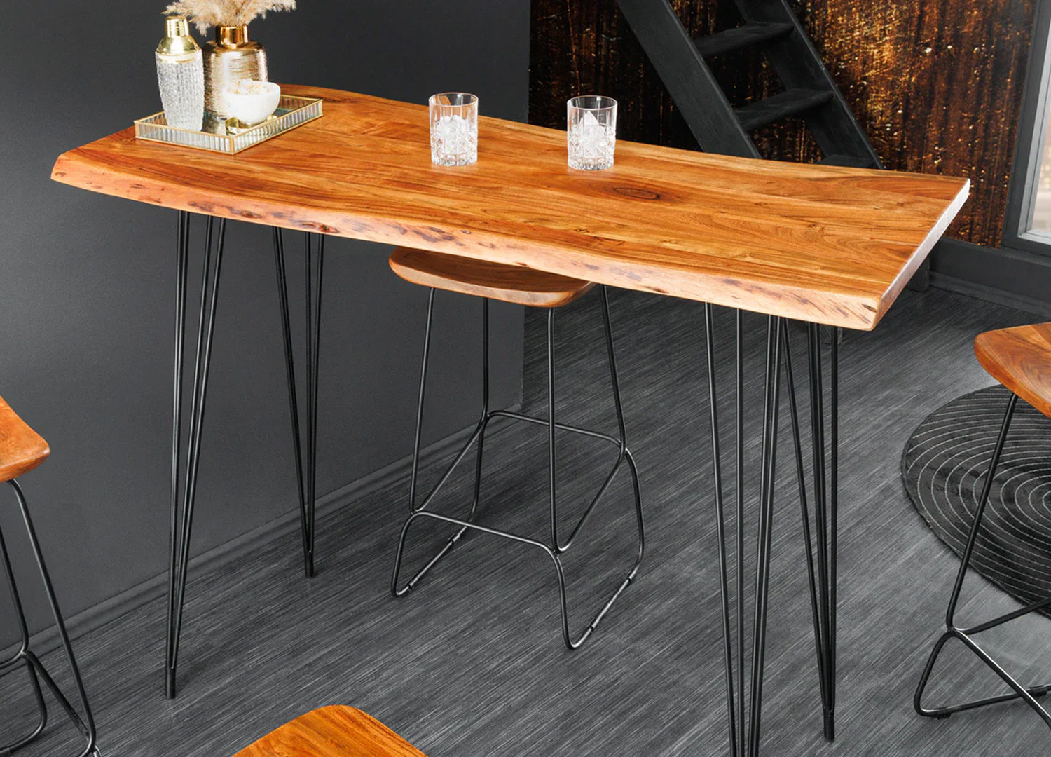 Table de bar en acacia et pieds épingle métal noir Nivor