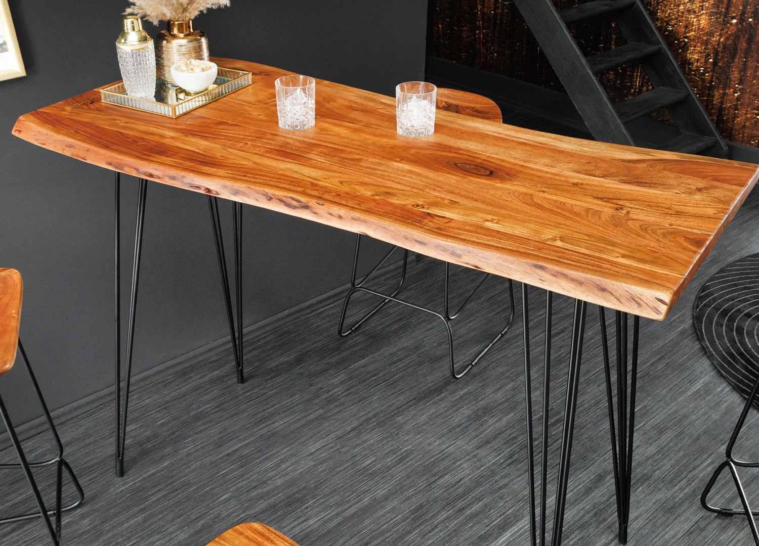 Table de bar en acacia et pieds épingle métal noir Nivor