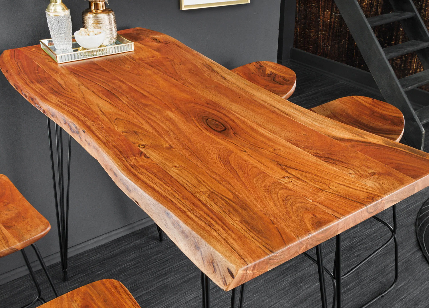 Table de bar en acacia et pieds épingle métal noir Nivor