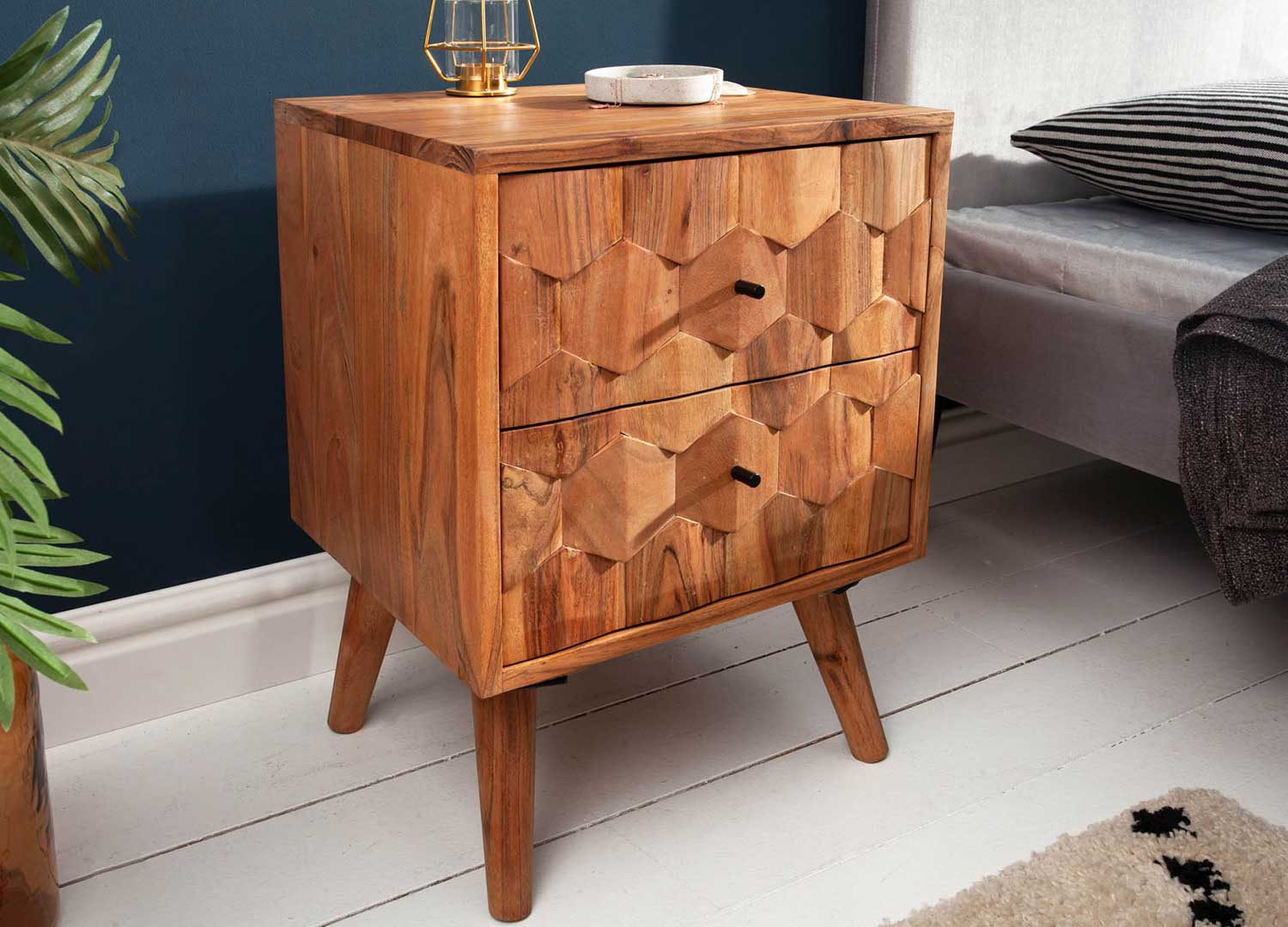 Table de chevet en bois 2 tiroirs à façades effet 3D