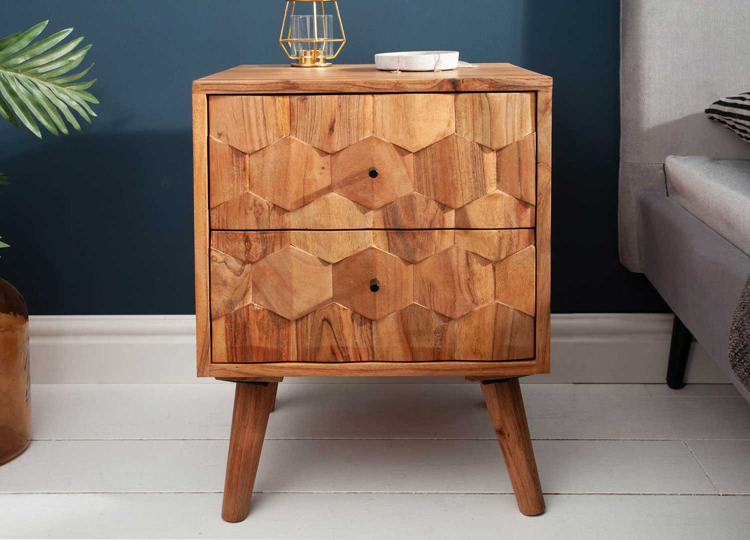 Table de chevet en bois 2 tiroirs à façades effet 3D