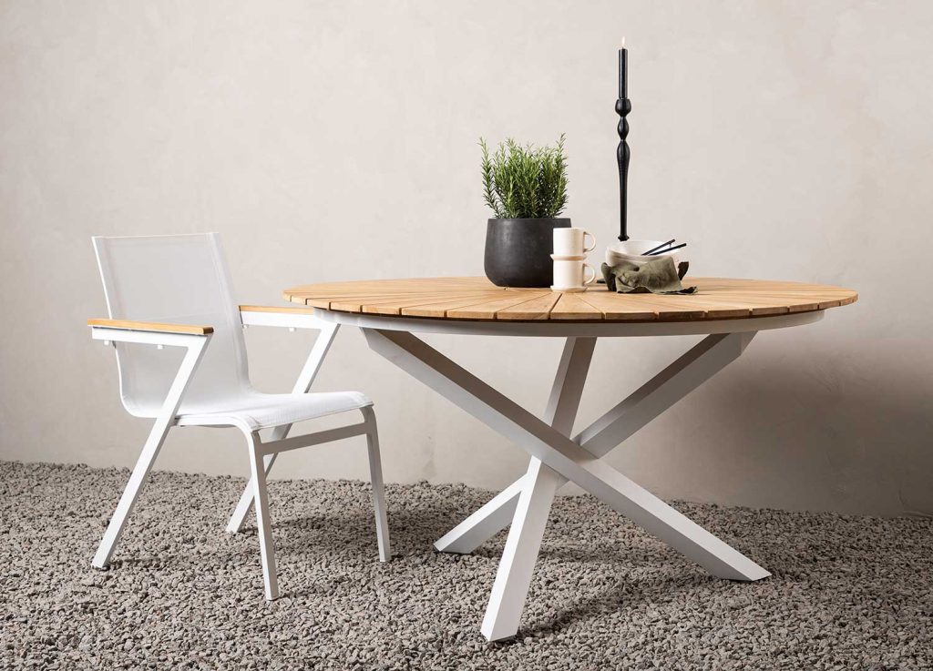 Table de jardin ronde 140 cm bois de teck et aluminium blanc