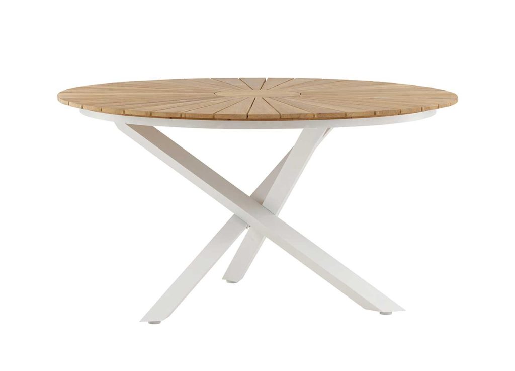 Table de jardin ronde 140 cm bois de teck et aluminium blanc