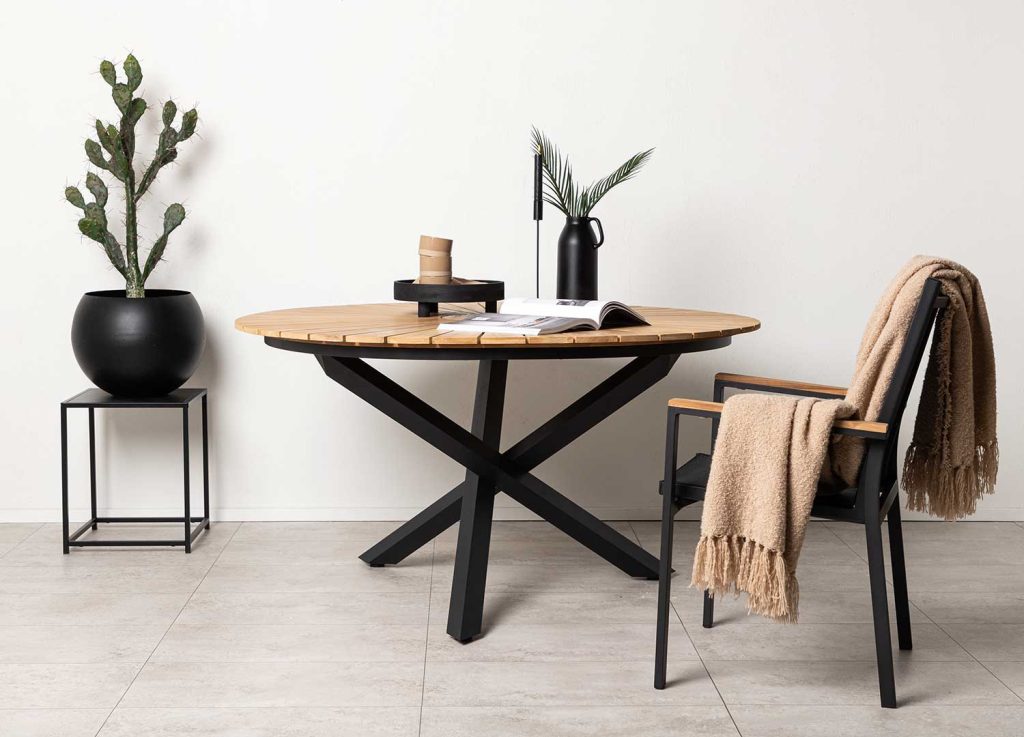 Table de jardin ronde 140 cm bois de teck et aluminium noir