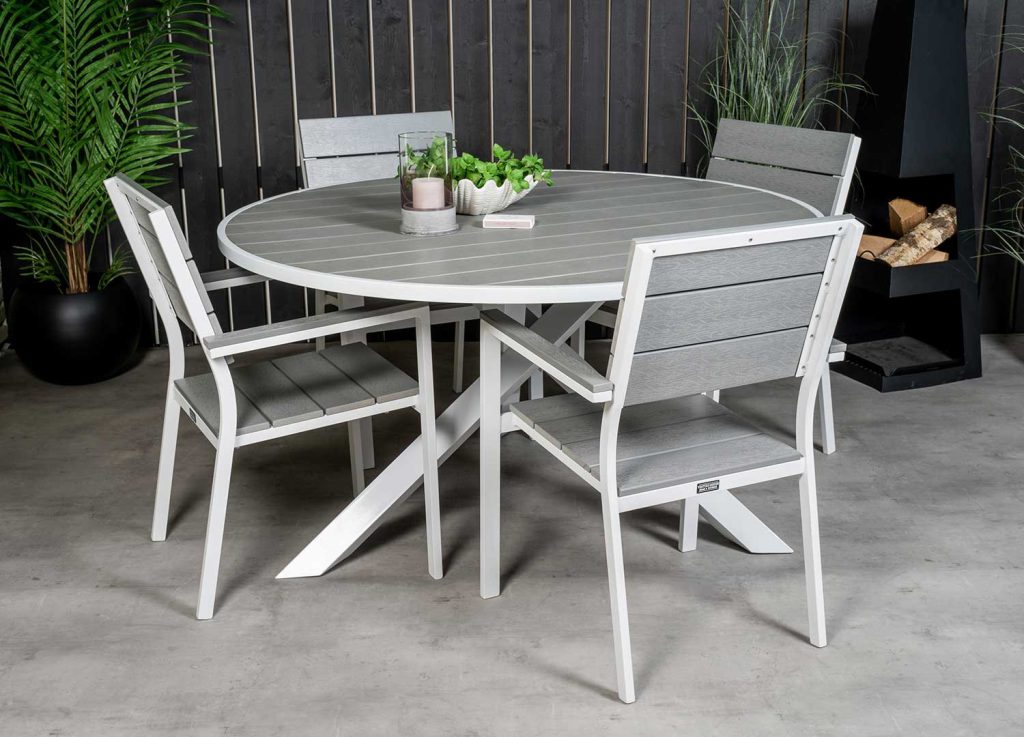 Table de jardin ronde grise et blanche 140 cm