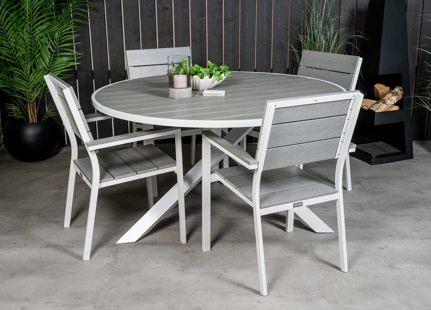Table de jardin ronde grise et blanche 140 cm