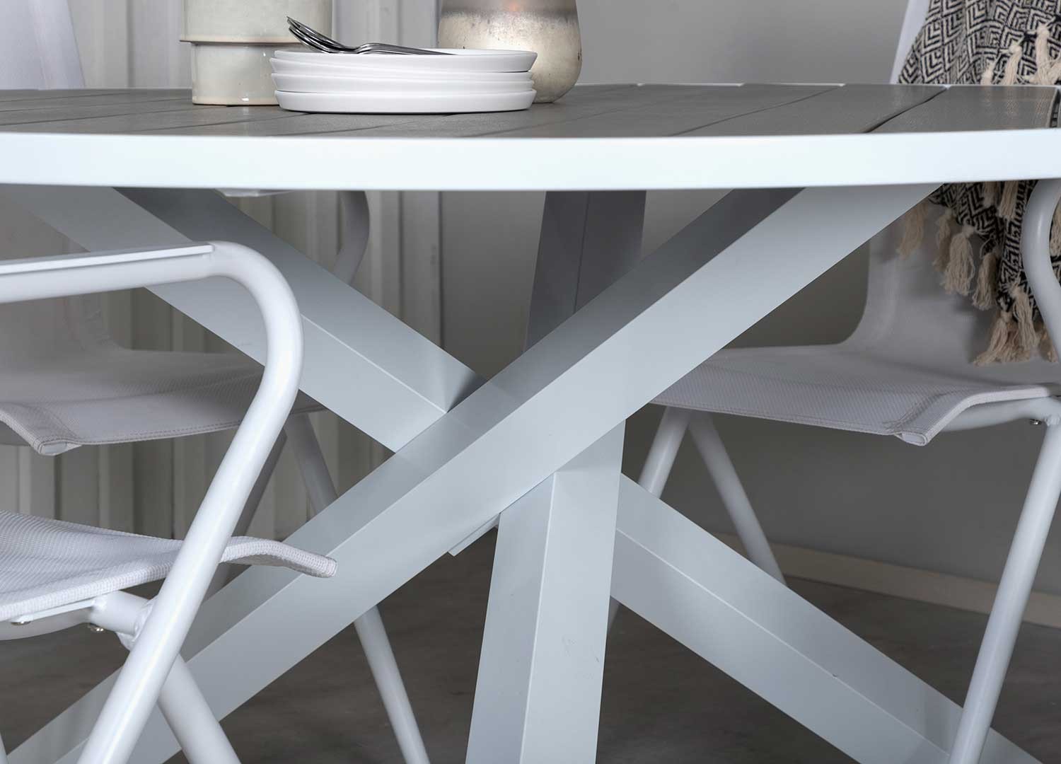 Table de jardin ronde grise et blanche 140 cm
