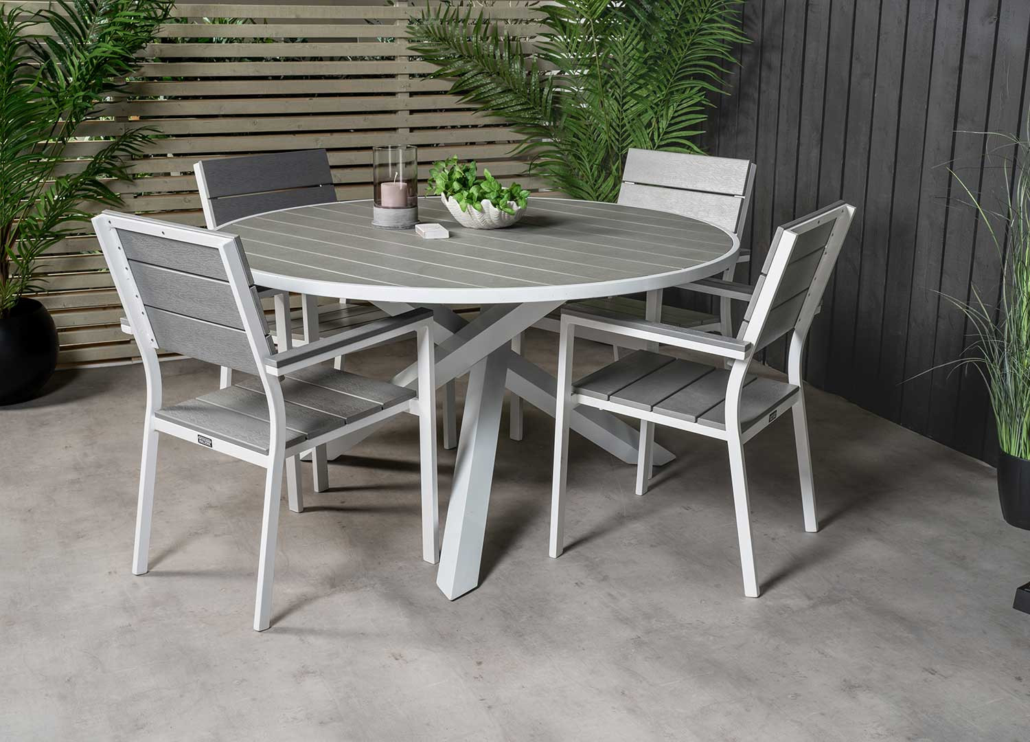 Table de jardin ronde grise et blanche 140 cm