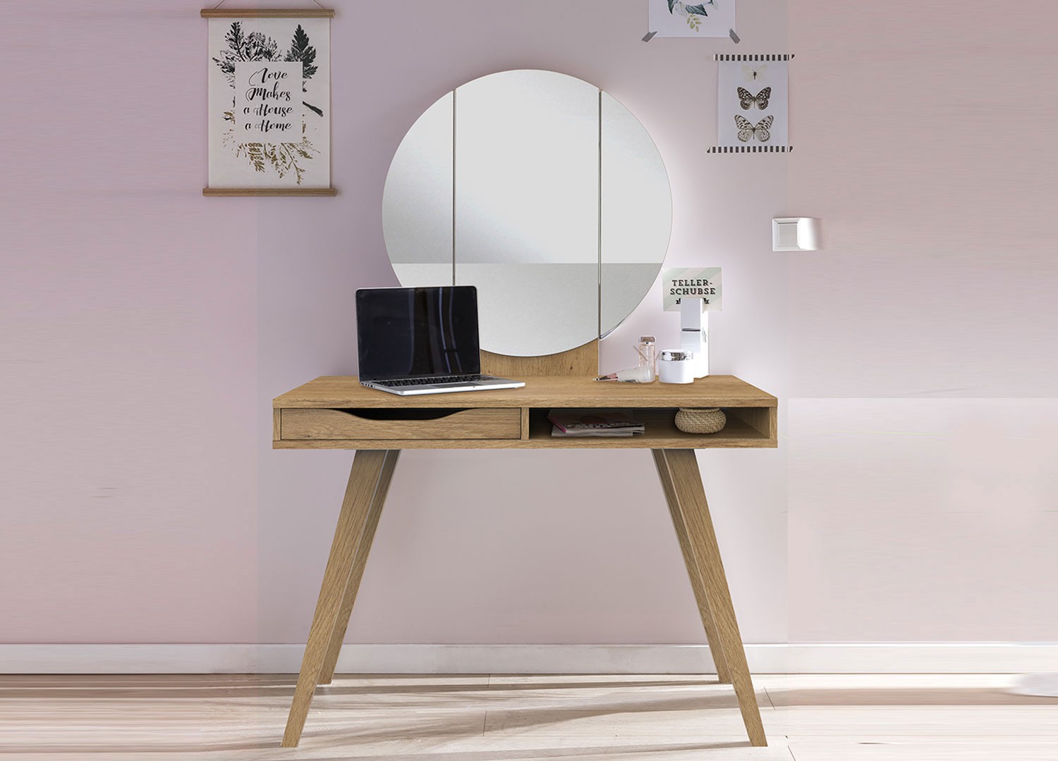 Table de maquillage avec miroir rond chêne poutre