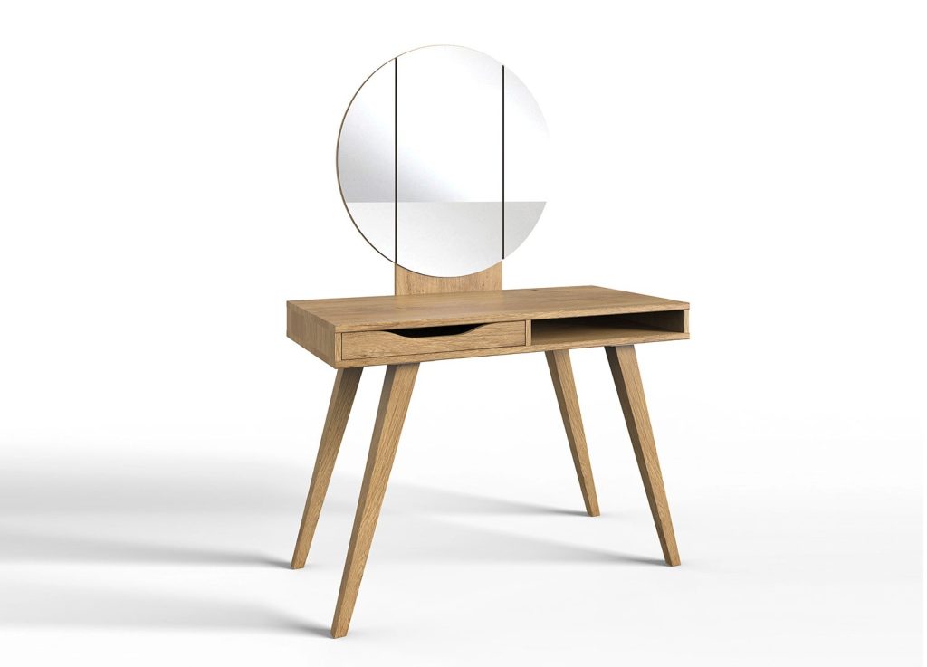 Table de maquillage avec miroir rond chêne poutre