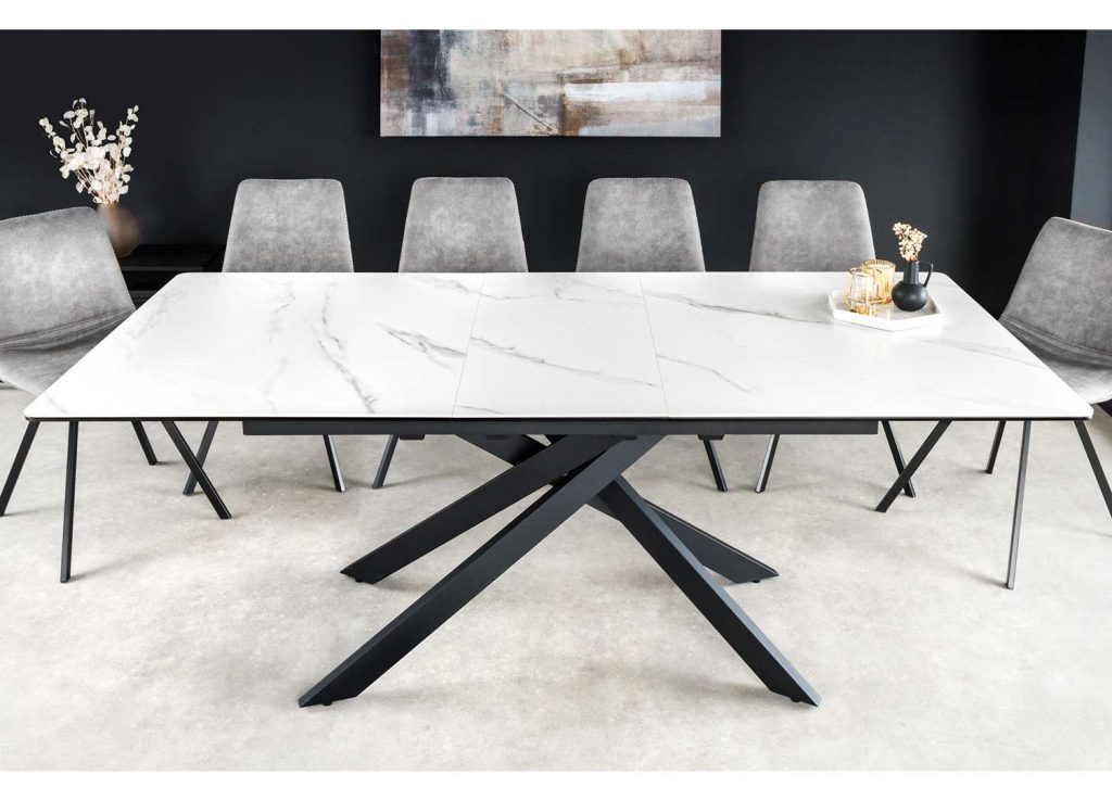 Table de salle à manger aspect marbre blanc allonge centrale 160-200 cm