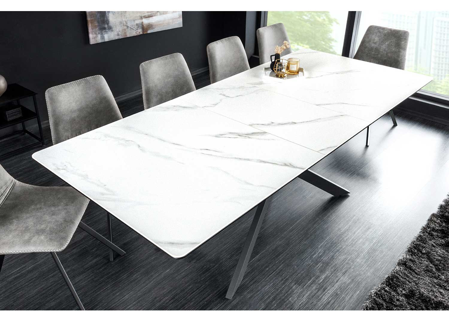 Table de salle à manger aspect marbre blanc allonge centrale 160-200 cm
