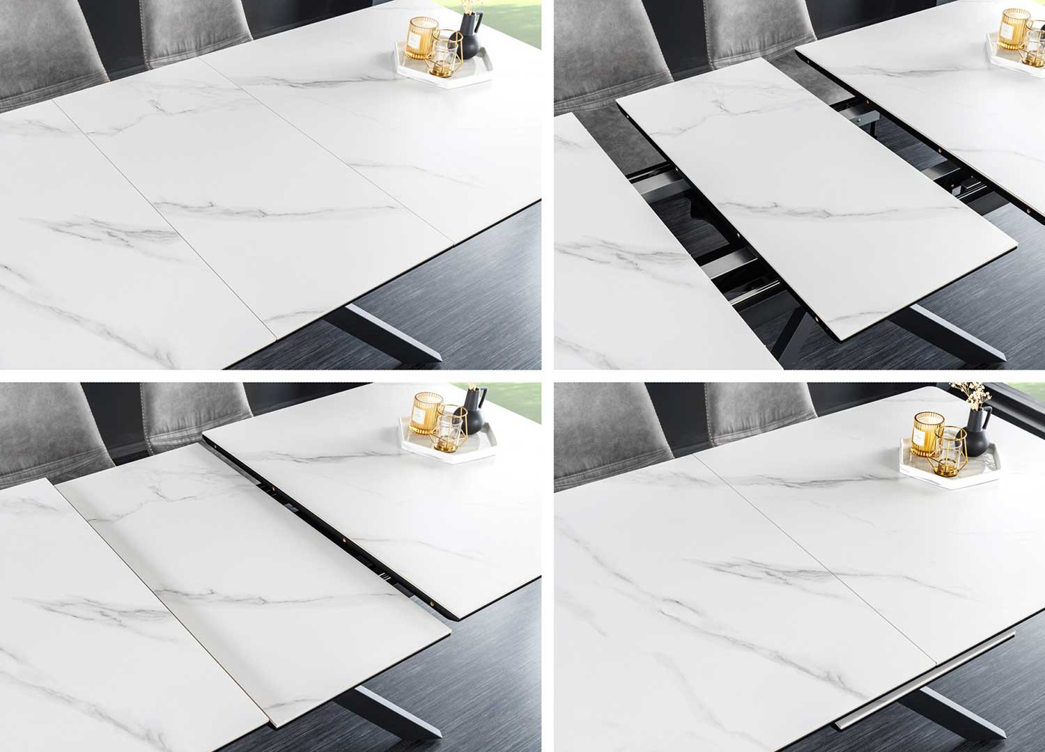 Table de salle à manger aspect marbre blanc allonge centrale 160-200 cm