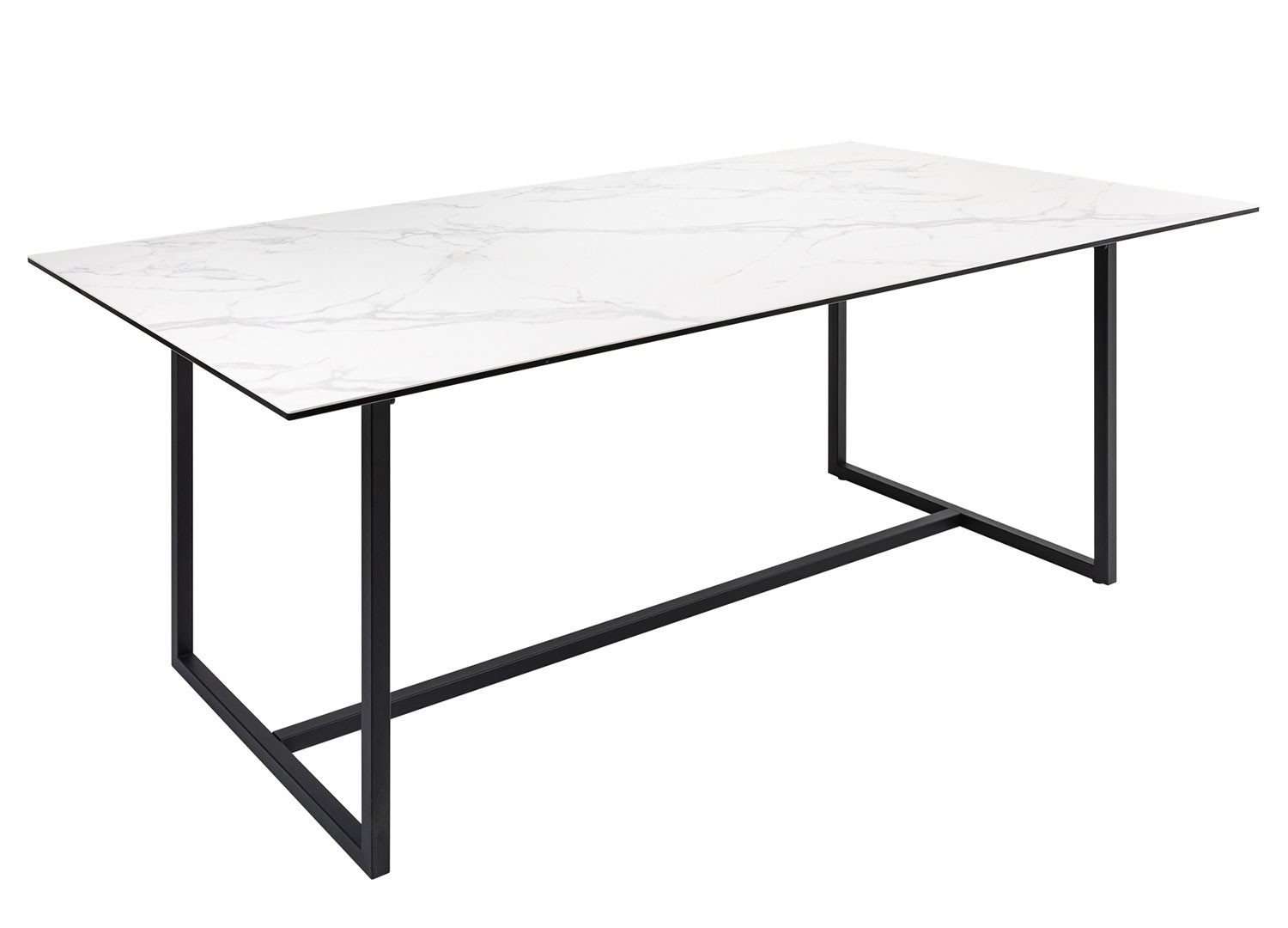 Table de salle à manger céramique blanc aspect marbre et piétement métal