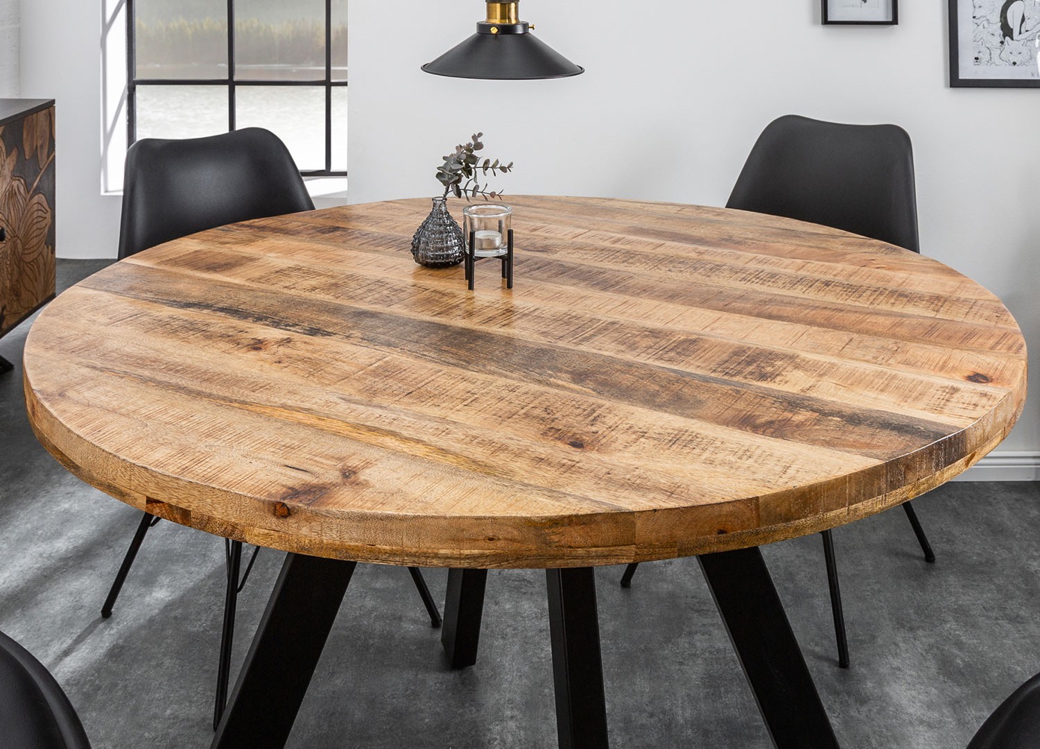 Table de salle à manger ronde bois massif manguier et pied métal