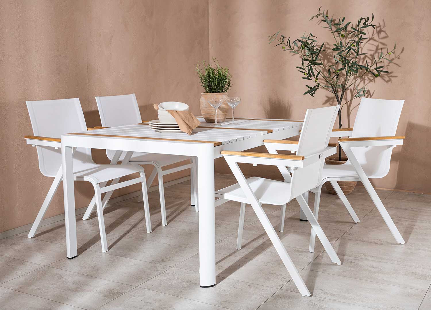 Table d'extérieur 150 cm teck et aluminium blanc