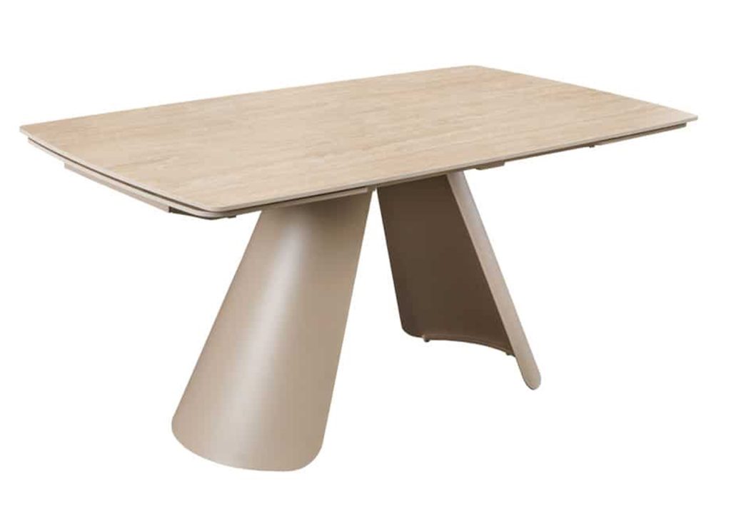 Table à manger extensible Ovélis 160 à 240 cm en céramique travertin et métal grège sur fond blanc