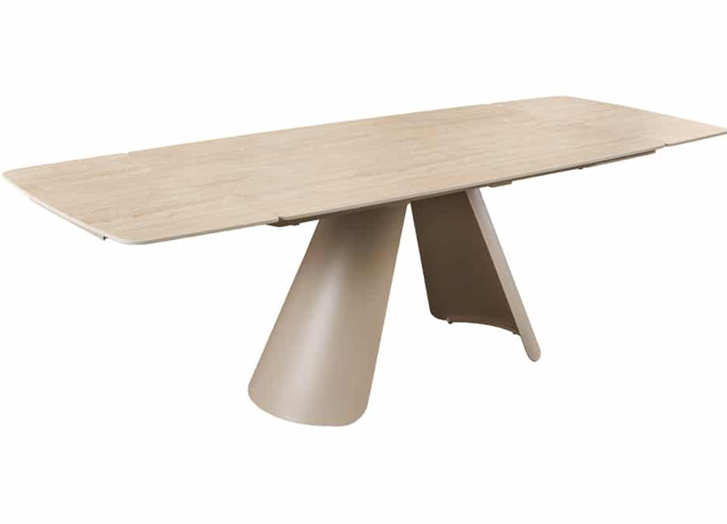 Table extensible Ovélis déployée à 240 cm avec plateau céramique effet travertin beige