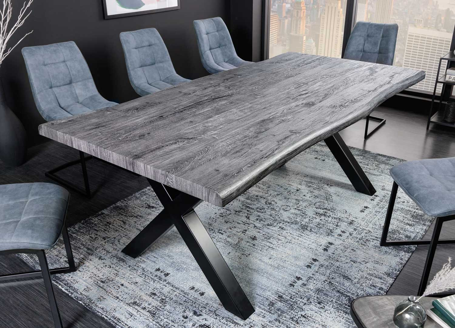 Table moderne 2m bois aspect chêne sauvage blanchi gris Joka
