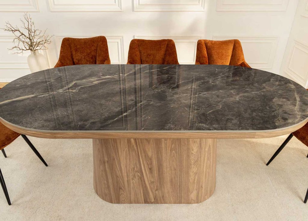 Table ovale 6 personnes céramique marbre gris et bois Calista