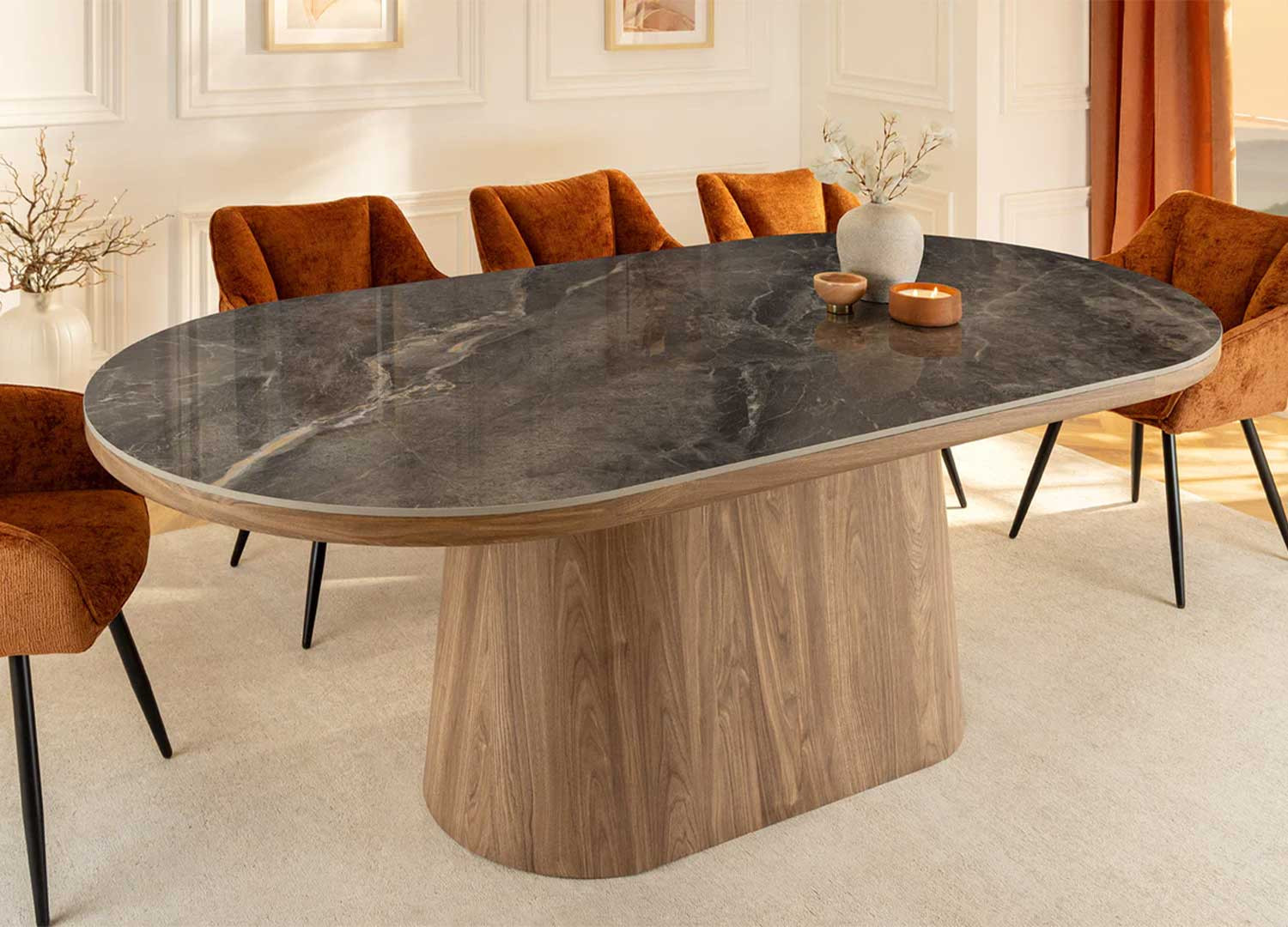Table ovale 6 personnes céramique marbre gris et bois Calista