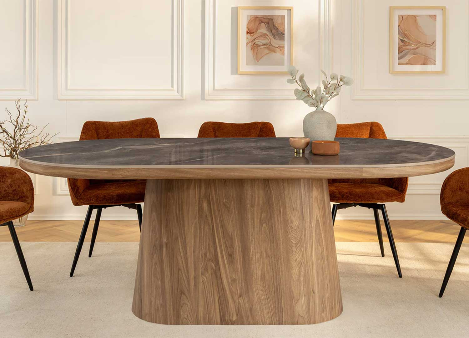 Table ovale 6 personnes céramique marbre gris et bois Calista