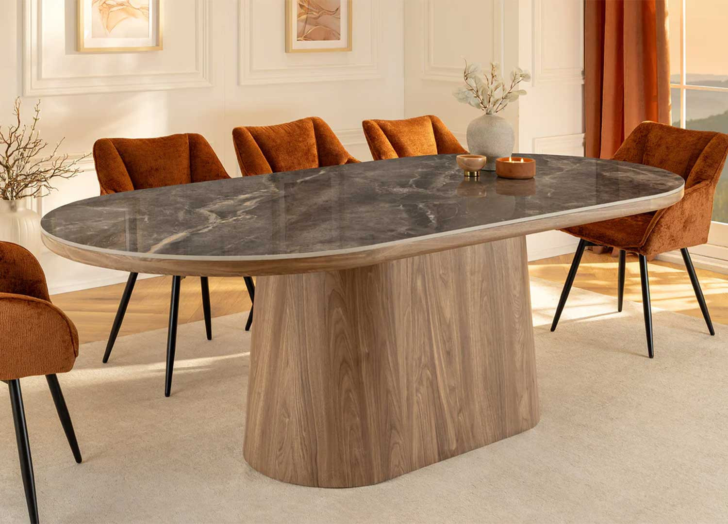 Table ovale 6 personnes céramique marbre gris et bois Calista