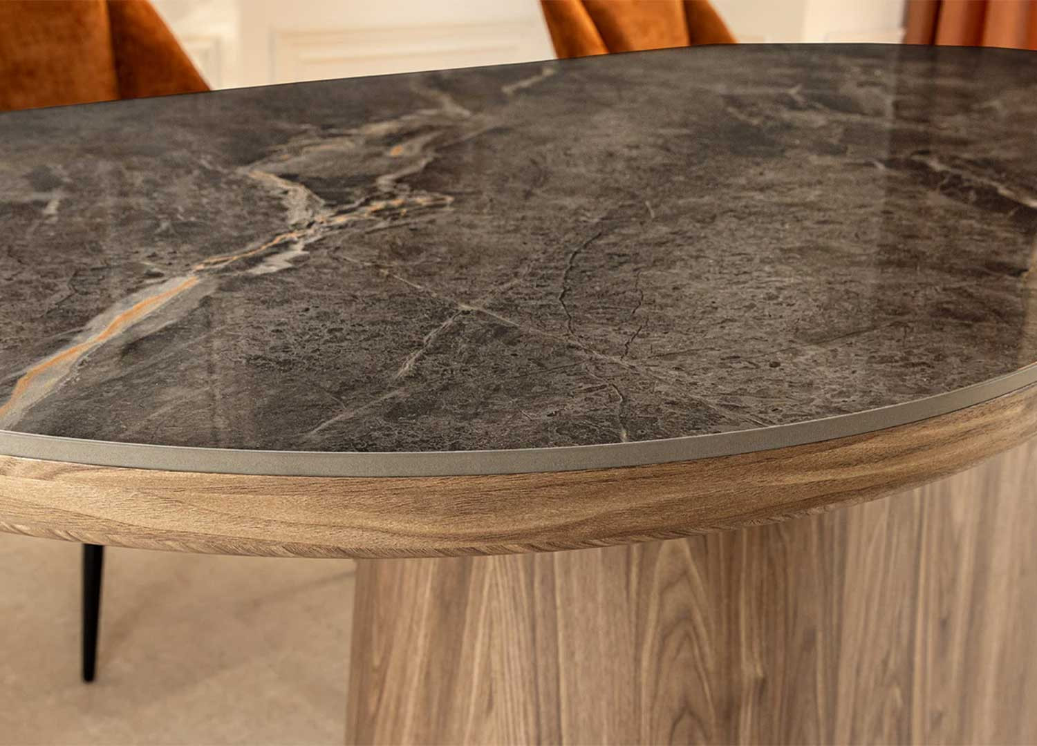 Table ovale 6 personnes céramique marbre gris et bois Calista
