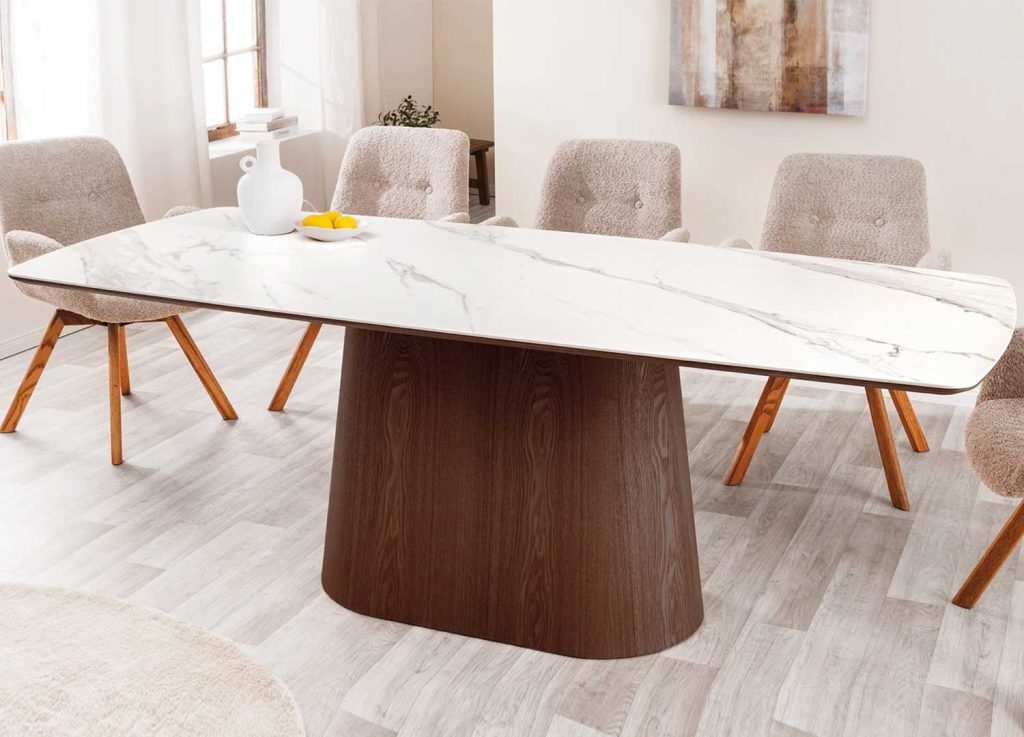 Table ovale céramique blanc et pied central noyer Calista