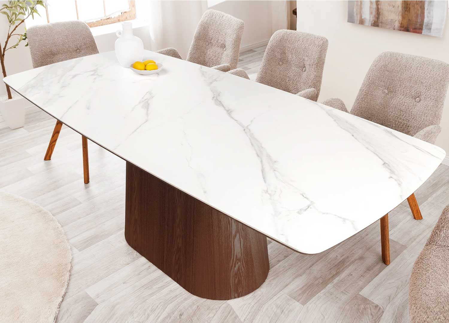Table ovale céramique blanc et pied central noyer Calista