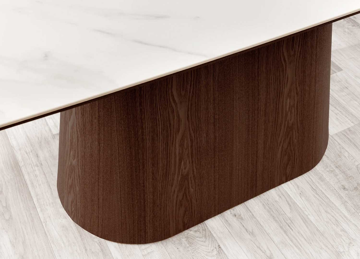 Table ovale céramique blanc et pied central noyer Calista