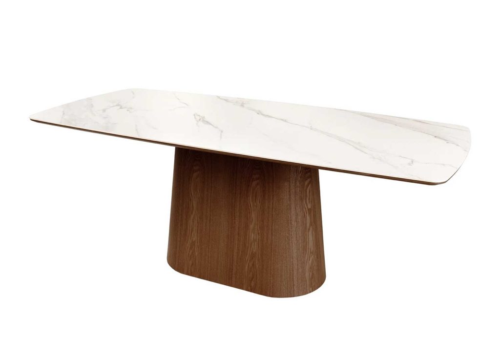 Table ovale céramique blanc et pied central noyer Calista