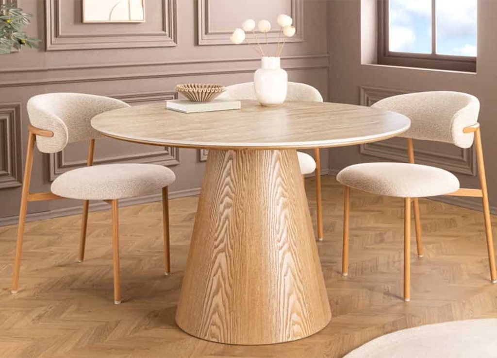 Table ronde 120 cm céramique travertin pied chêne clair Ovélis