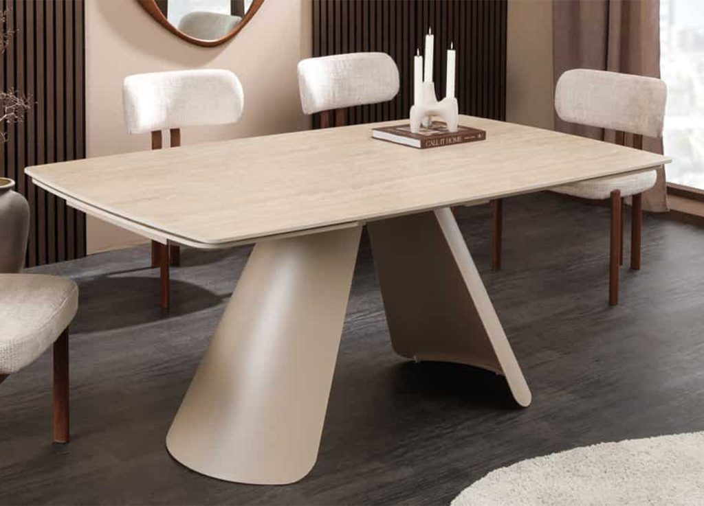 Table à manger Ovélis extensible avec plateau en céramique travertin beige