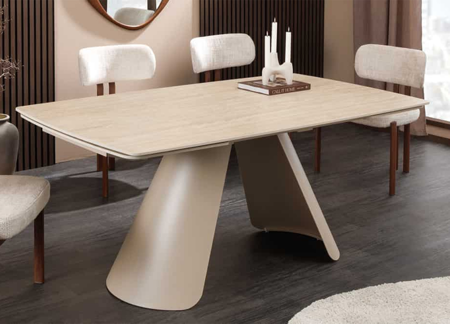 Table à manger Ovélis extensible avec plateau en céramique travertin beige