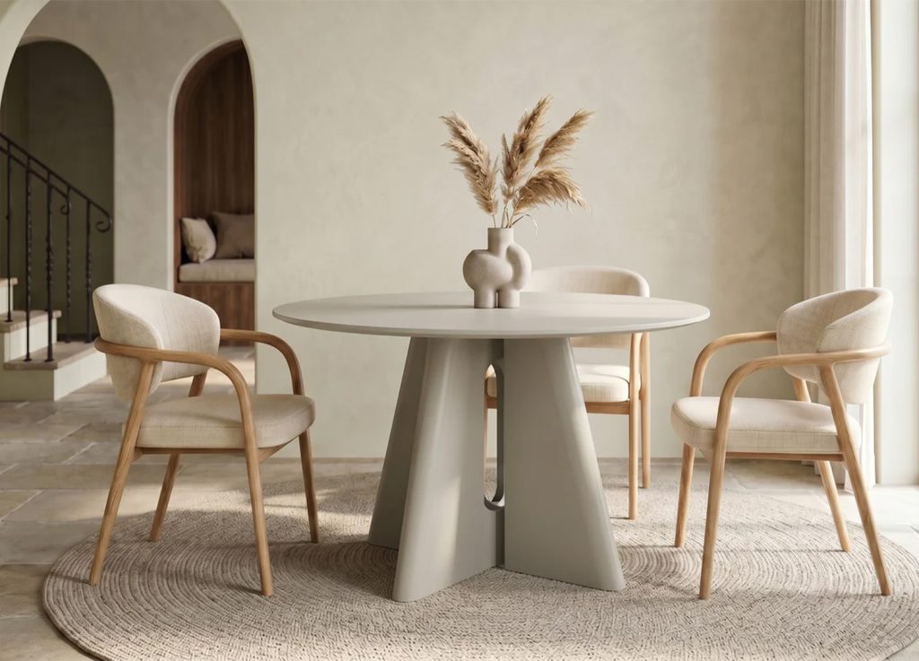 Table ronde gris ciment 120 cm piètement sculptural Ovélis