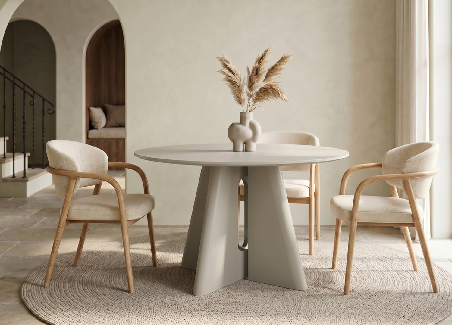 Table ronde Ovélis gris ciment associée à des chaises en tissu beige