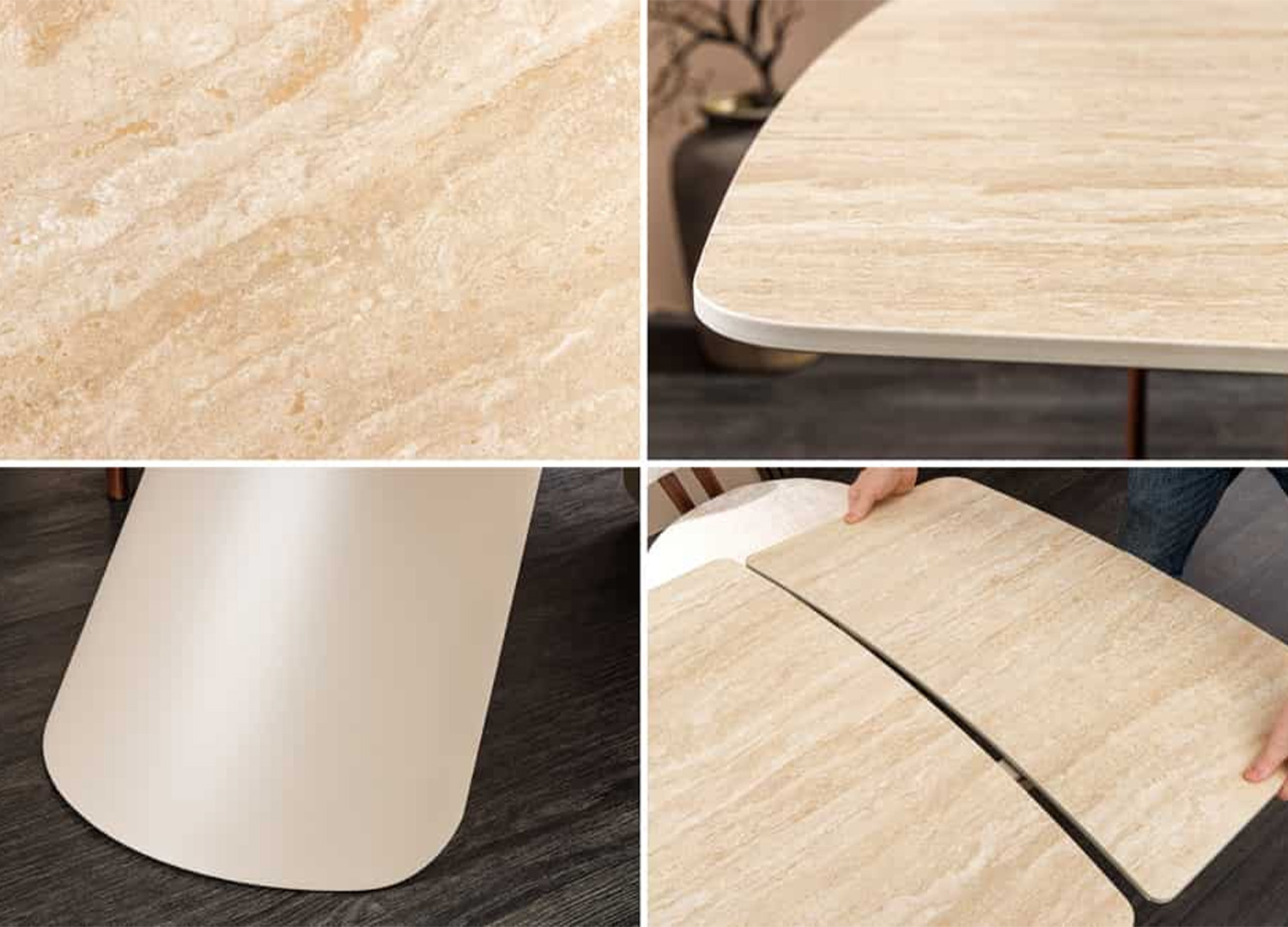 Mécanisme d’extension sous le plateau céramique de la table Ovélis