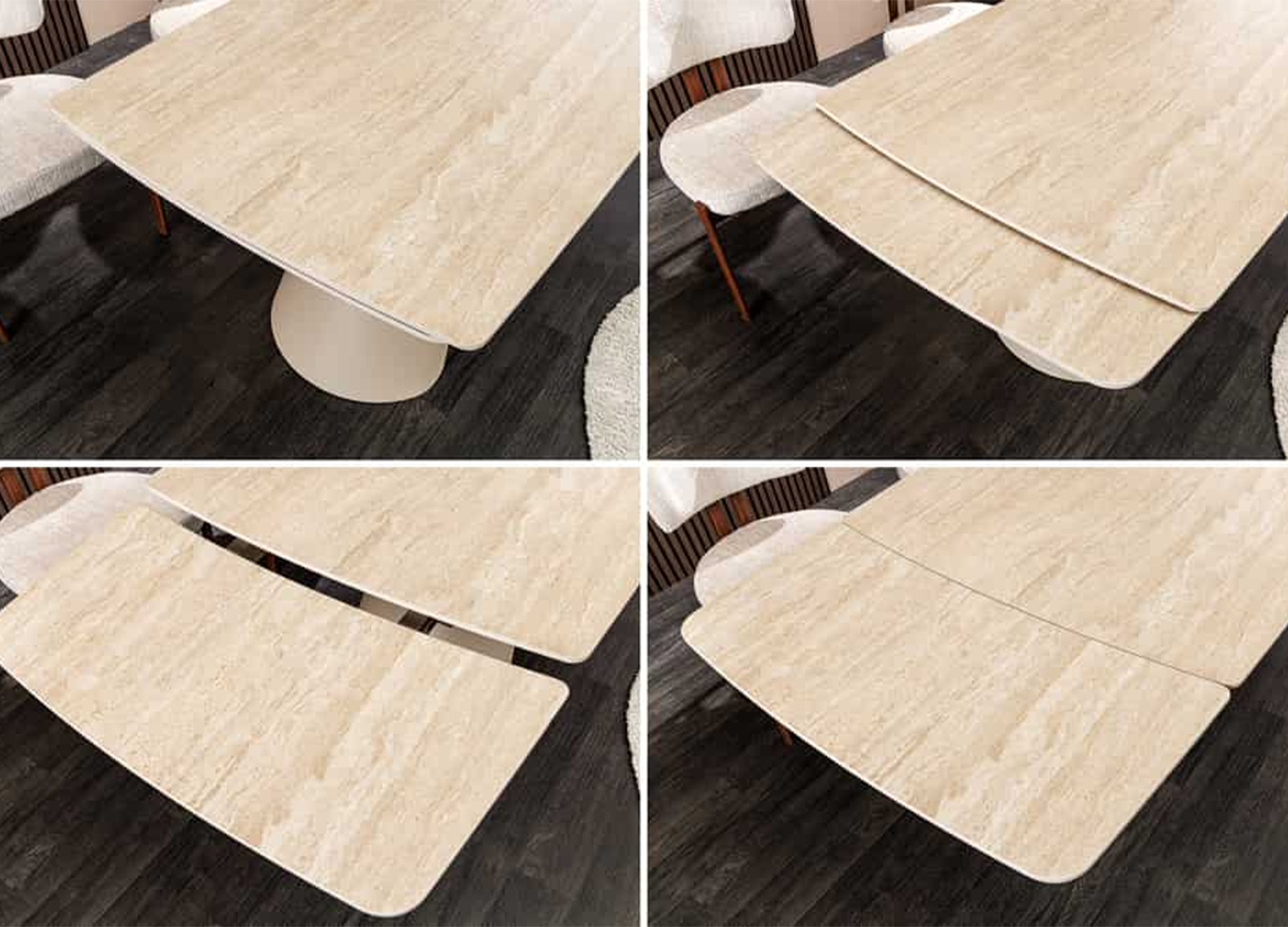 Détail du système de rallonges glissantes de la table Ovélis 160 à 240 cm