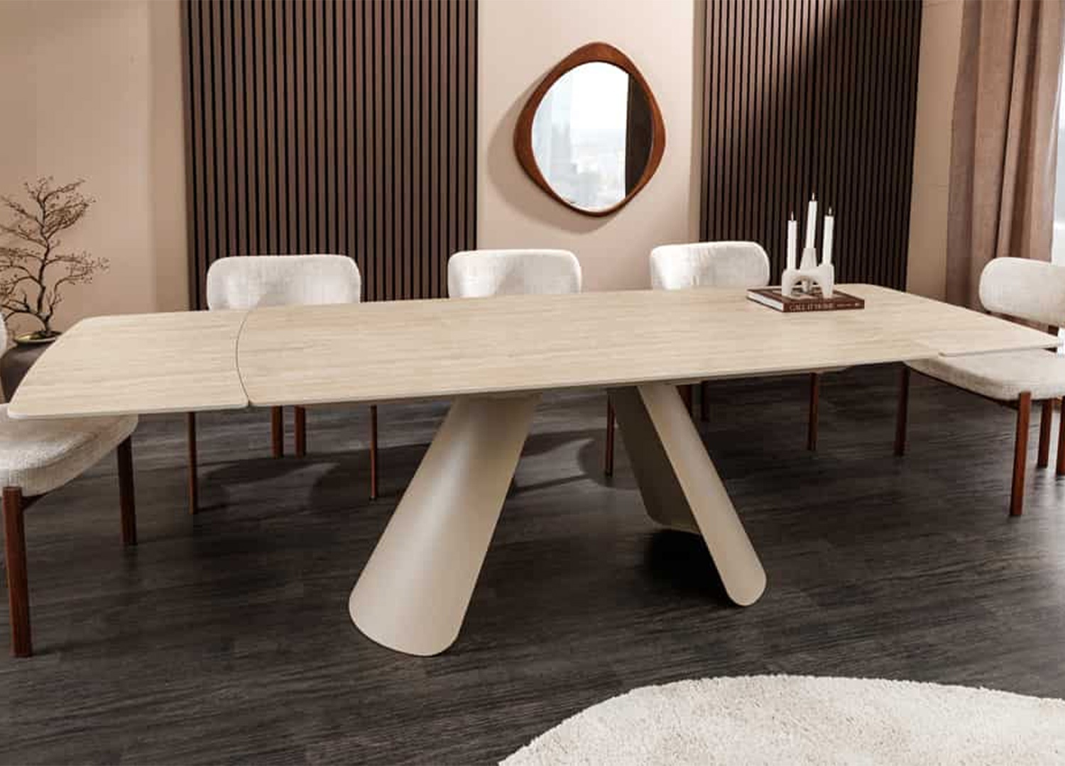 Table Ovélis extensible en céramique travertin dans une salle à manger contemporaine
