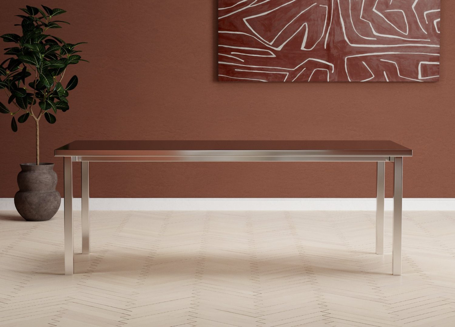 Table à manger rectangulaire Cilo argenté mise en scène dans une salle à manger