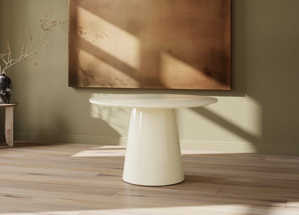 Table à manger ronde Lanzo beige mise en scène dans une salle à manger