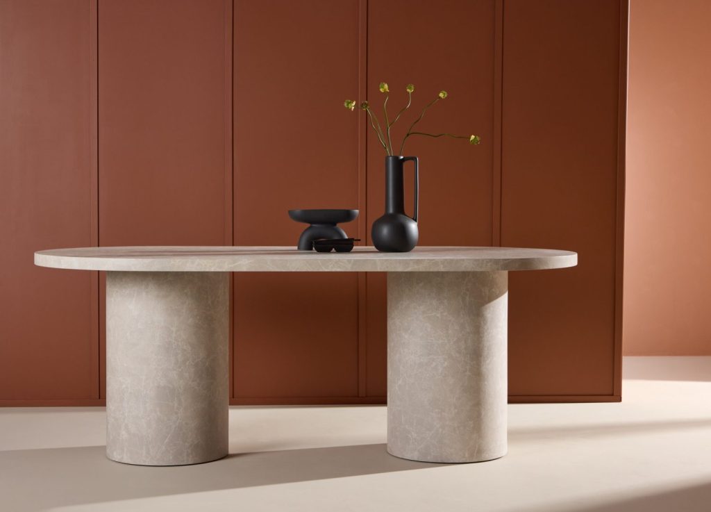 Table à manger ovale Narvik beige mise en scène dans une salle à manger