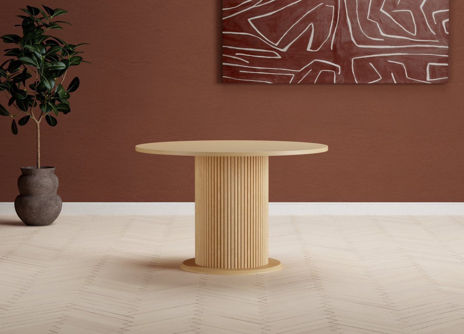 Table à manger ronde Reko naturel mise en scène dans une salle à manger
